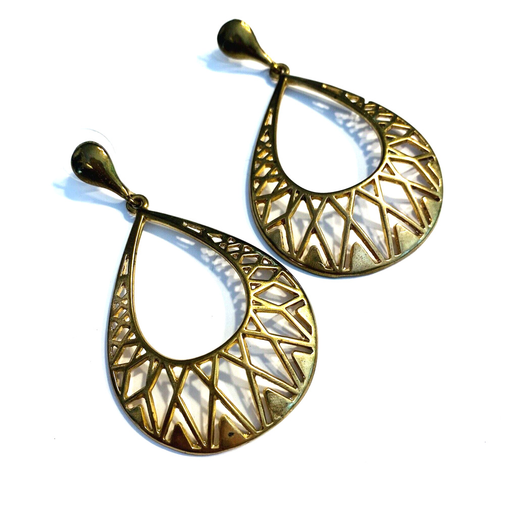 Vintage Y2K Boho Goldtone Pierced Earrings Drop Dangle Teardrop Hoops Festival